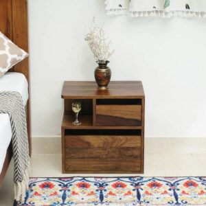 HollowGlen Solid Wood Two Drawer Bedside Table with open Shelve