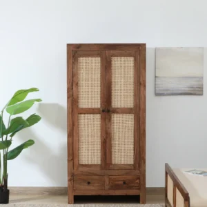 Mango Wood 2 Door Wardrobe In Rustic Teak Finish With Drawer