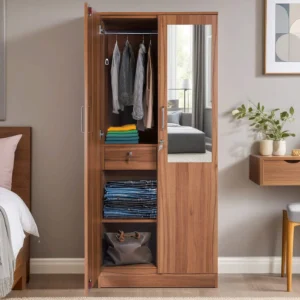 2 Door Wardrobe In Lyon Walnut Finish With Mirror & Drawer