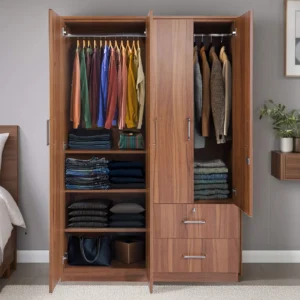 4 Door Wardrobe In Lyon Walnut Finish With Adjustable Shelf & Drawer