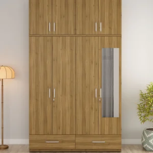 Solid Wood 4 Door Wardrobe With Loft & Mirror In Natural Teak Finish With Locker & Drawer