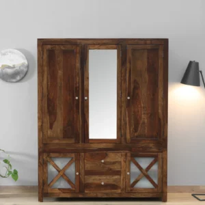 Sheesham Wood 3 Door Wardrobe in Scratch Resistant Provincial Teak Finish With Drawer