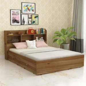 Queen Size Bed in Lyon Teak Finish with Drawer Storage