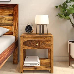 Sheesham Wood Bedside Table In Scratch Resistant Rustic Teak Finish With Drawer